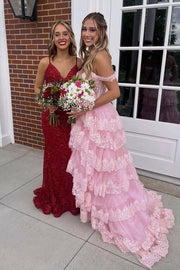 Blushing Pink Tiered Off-The-Shoulder Tulle Party Dresses