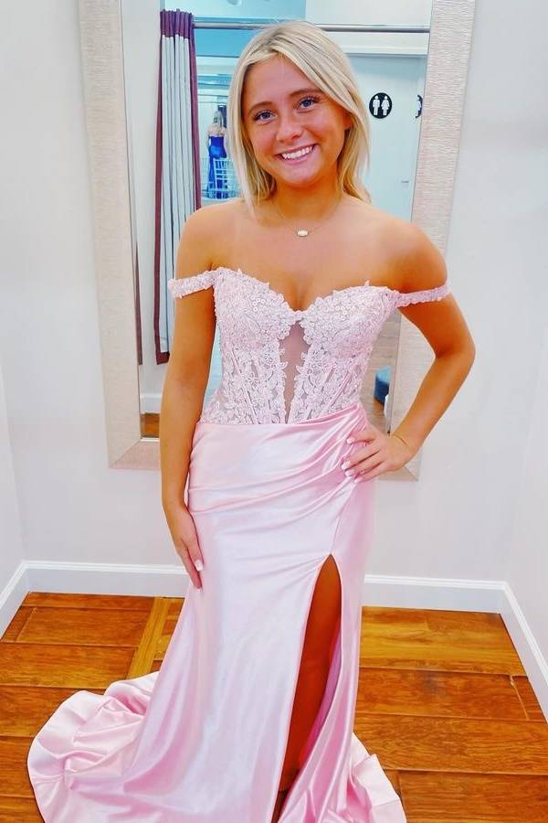 Pink Off-The-Shoulder Mermaid Satin Prom Dresses with Slit