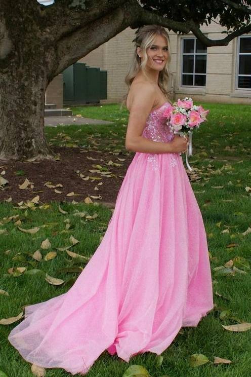 Sparkly Tulle Strapless Sweetheart A-Line Formal Dresses with Slit