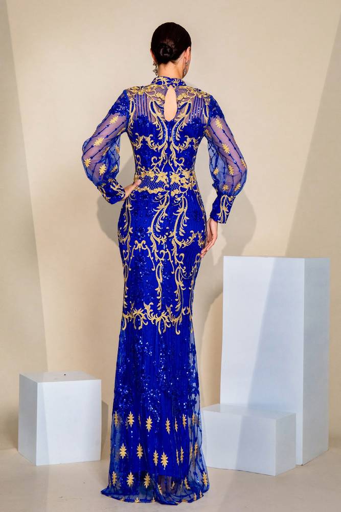 Royal Blue High Neck Long Sleeves Mermaid Sequin Tulle Evening Dresses