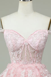 Blushing Pink Off-The-Shoulder A-Line Homecoming Dresses Sequined Lace