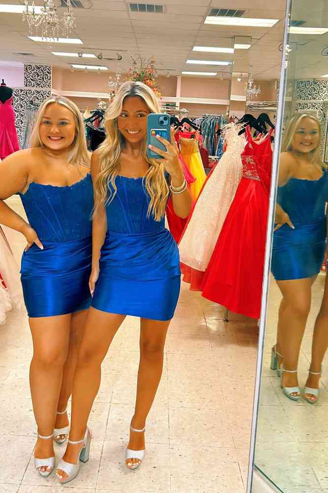 Royal Blue Strapless Tight Short Homecoming Dresses with Appliques