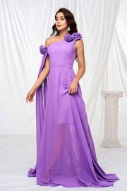 Purple One-Shoulder Chiffon A-Line Evening Dresses with Handmade Flower