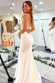 Sexy Mermaid Spaghetti Straps V-Neck Sleeveless Satin Lace Wedding Dresses