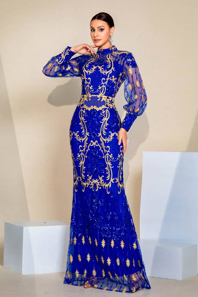 Royal Blue High Neck Long Sleeves Mermaid Sequin Tulle Evening Dresses