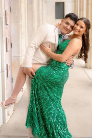 Emerald Long Mermaid V-Neck Sequined Party Dresses with Slit