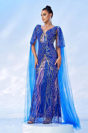 Royal Blue V-Neck Sequin Mermaid Tulle Evening Dresses