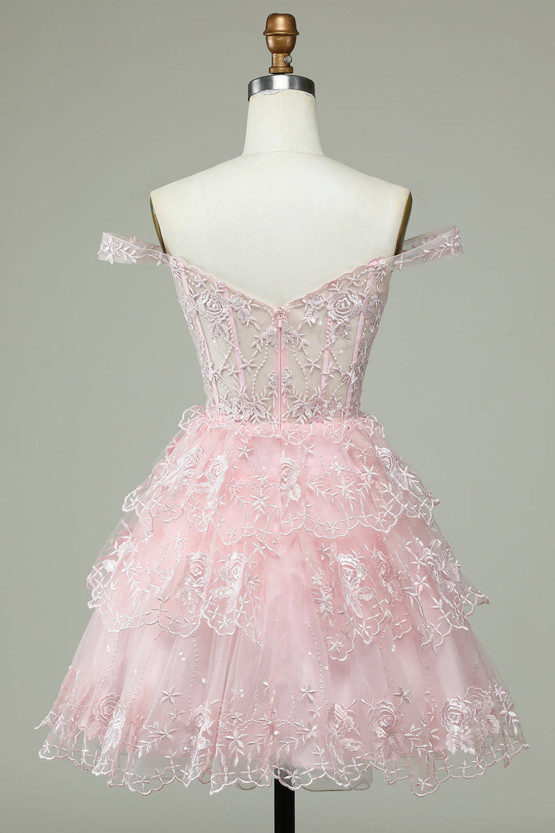 Blushing Pink Off-The-Shoulder A-Line Homecoming Dresses Sequined Lace