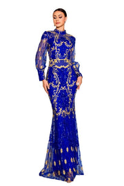 Royal Blue High Neck Long Sleeves Mermaid Sequin Tulle Evening Dresses