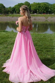 Sparkly Tulle Strapless Sweetheart A-Line Formal Dresses with Slit