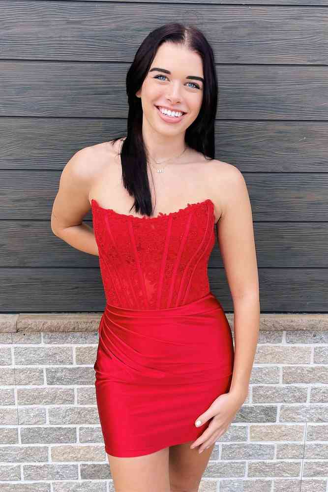 Red Strapless Tight Short Homecoming Dresses with Appliques