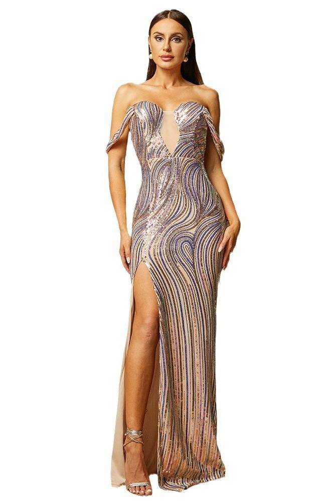 Long Sequined Off-The-Shoulder Evening Dresses with Slit