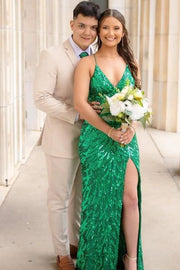 Emerald Long Mermaid V-Neck Sequined Party Dresses with Slit