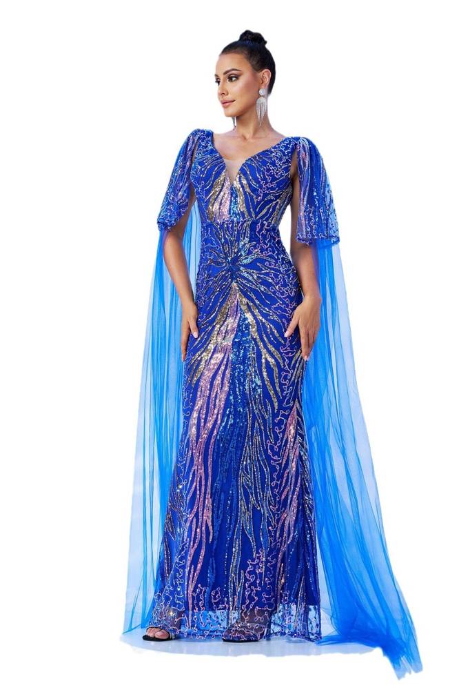 Royal Blue V-Neck Sequin Mermaid Tulle Evening Dresses