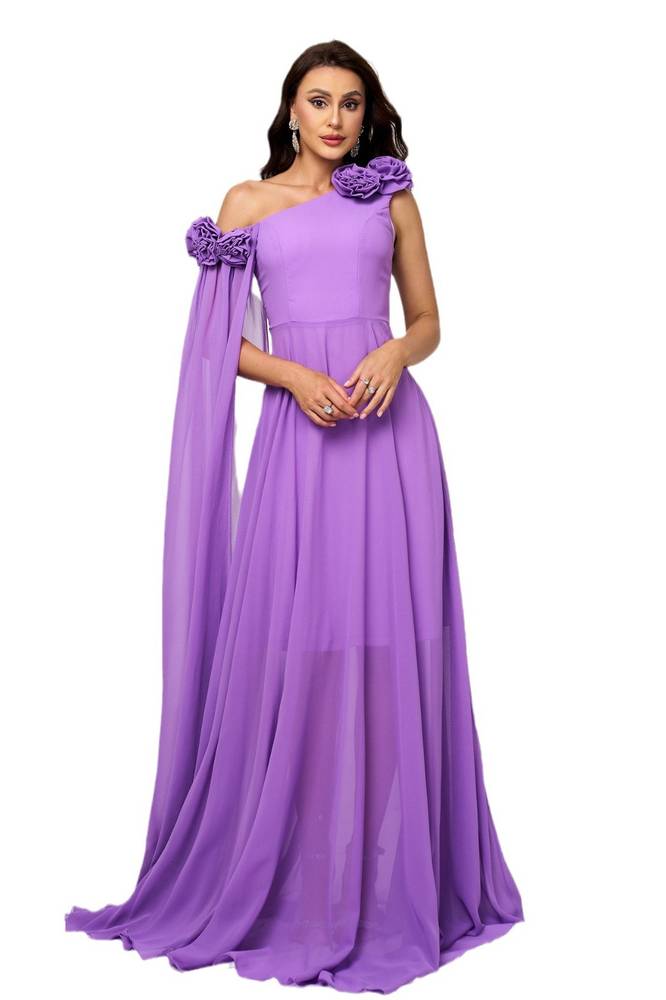 Purple One-Shoulder Chiffon A-Line Evening Dresses with Handmade Flower