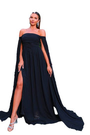 Black Off-The-Shoulder A-Line Chiffon Prom Dresses with Slit