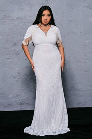 White Sequined Plus Size Mermaid Evening Dresses with Beading