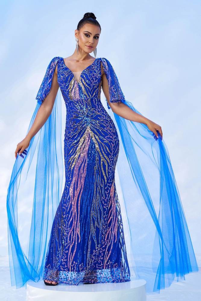 Royal Blue V-Neck Sequin Mermaid Tulle Evening Dresses