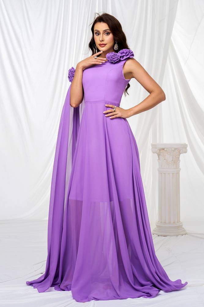 Purple One-Shoulder Chiffon A-Line Evening Dresses with Handmade Flower