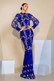 Royal Blue High Neck Long Sleeves Mermaid Sequin Tulle Evening Dresses