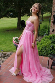 Sparkly Tulle Strapless Sweetheart A-Line Formal Dresses with Slit