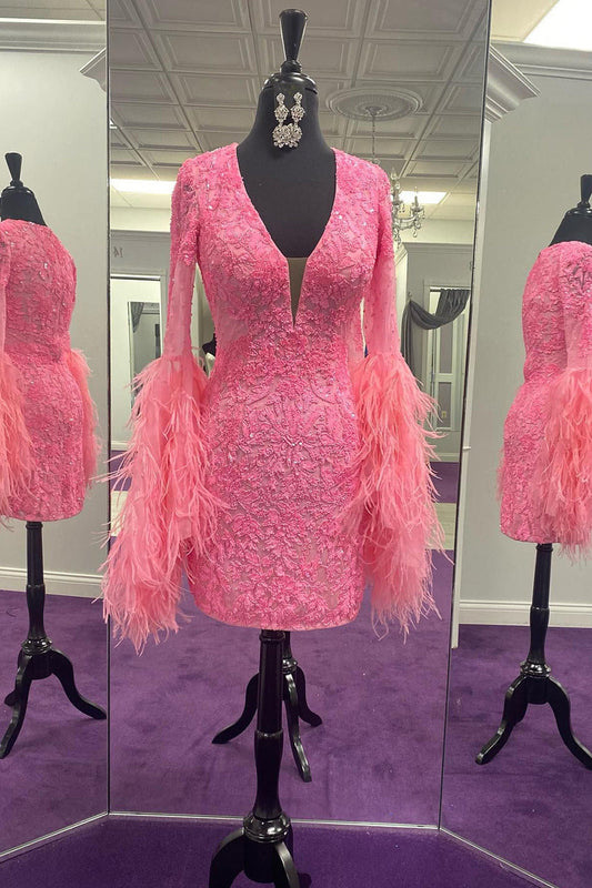 Hot Pink Deep V-Neck Long Sleeves Sequins Homecoming Dress with Feathers