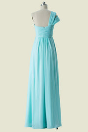 Blue One-Shoulder A-Line Floor-Length Chiffon Bridesmaid Dresses