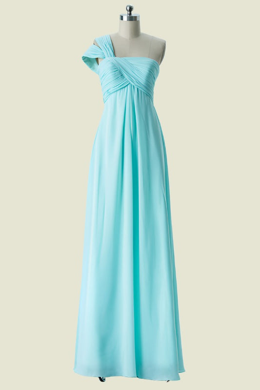 Blue One Shoulder A-Line Pleated Chiffon Long Bridesmaid Dress Front Side