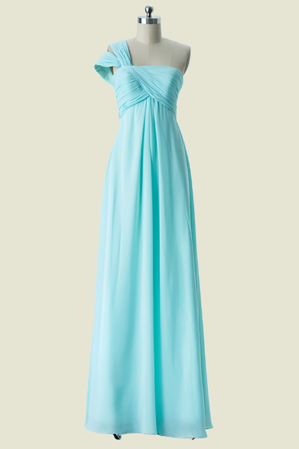 Blue One-Shoulder A-Line Floor-Length Chiffon Bridesmaid Dresses