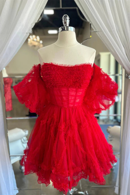 Red Off the Shoulder A Line Short Homecoming Dress with Puffy Sleeves Front Side