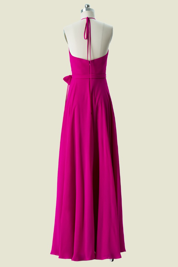 Fuchsia Halter A-Line Chiffon Floor-Length Bridesmaid Dresses with Sash