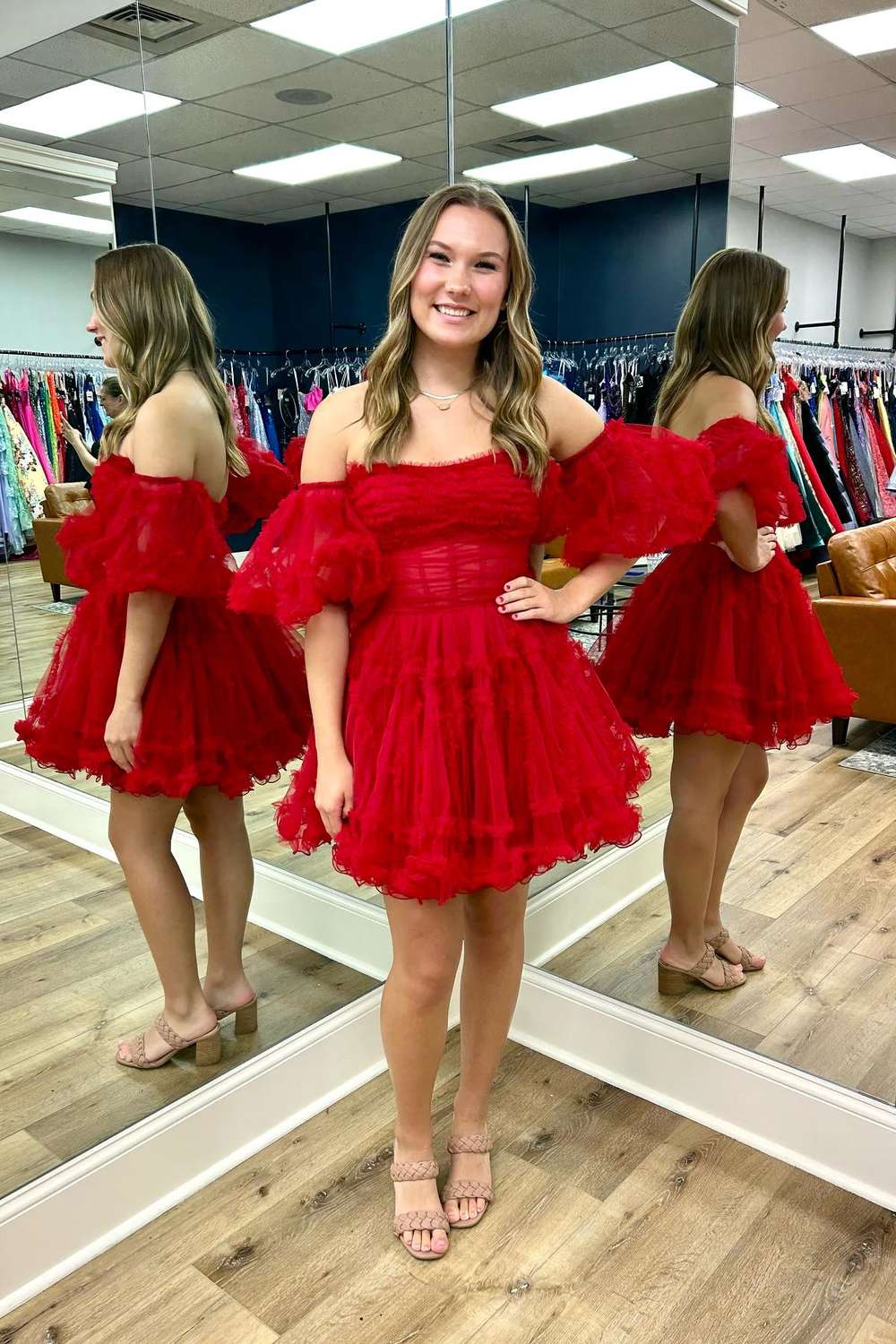 Red Off the Shoulder A Line Short Homecoming Dress with Puffy Sleeves
