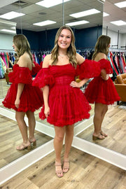 Red Off-The-Shoulder A-Line Tulle Short Homecoming Dresses with Puffy Sleeves