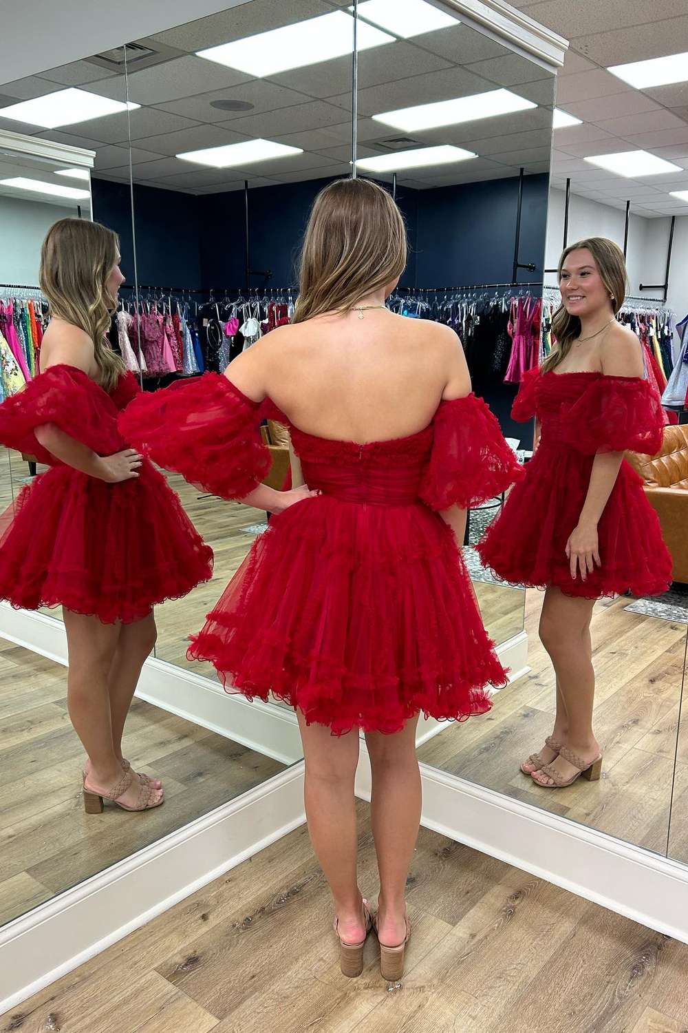 Red Off the Shoulder A Line Short Homecoming Dress with Puffy Sleeves Back Side