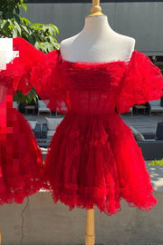 Red Off-The-Shoulder A-Line Tulle Short Homecoming Dresses with Puffy Sleeves