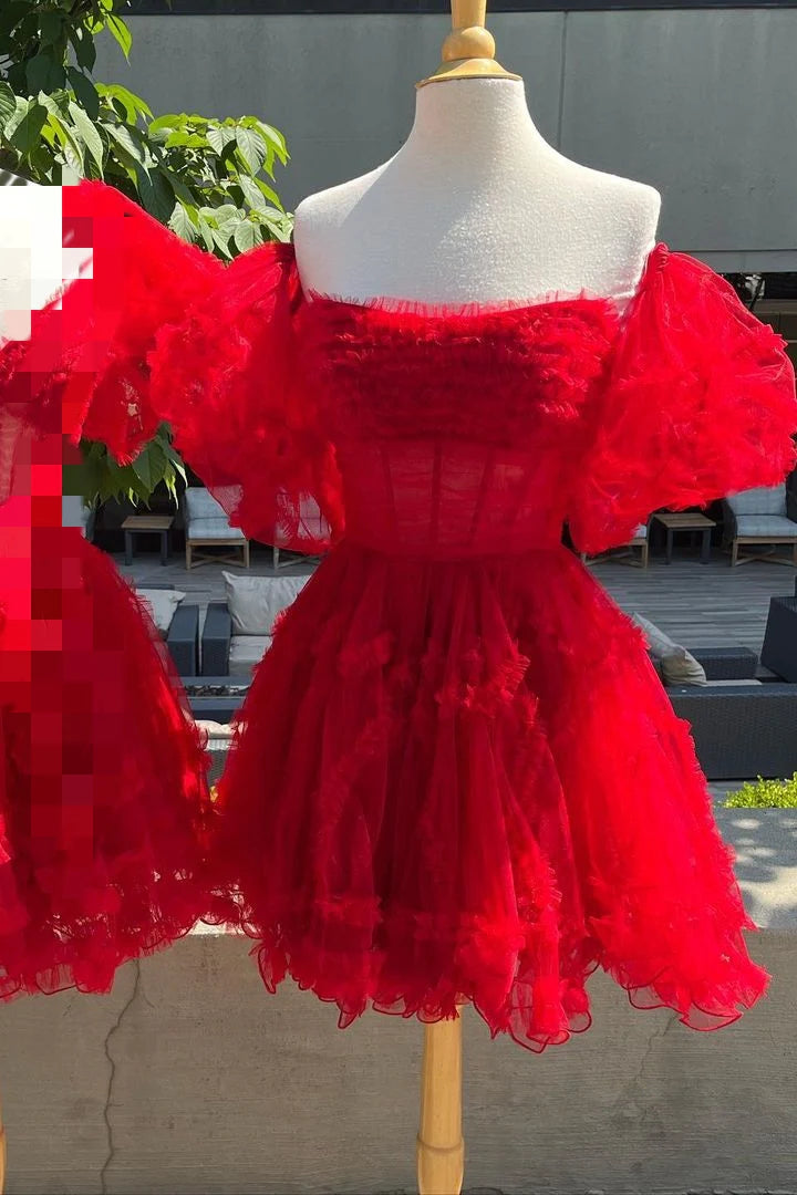 Red Off-The-Shoulder A-Line Tulle Short Homecoming Dresses with Puffy Sleeves