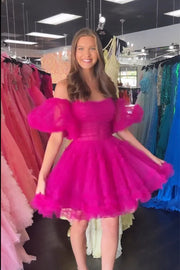 Fuchsia Off-The-Shoulder A-Line Tulle Short Homecoming Dresses with Puffy Sleeves