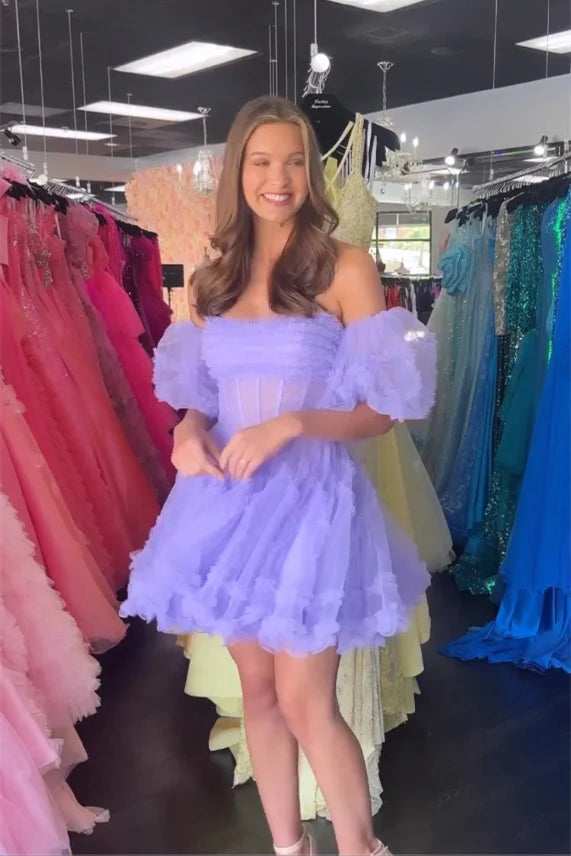 Lavender Off-The-Shoulder A-Line Tulle Short Homecoming Dresses with Puffy Sleeves