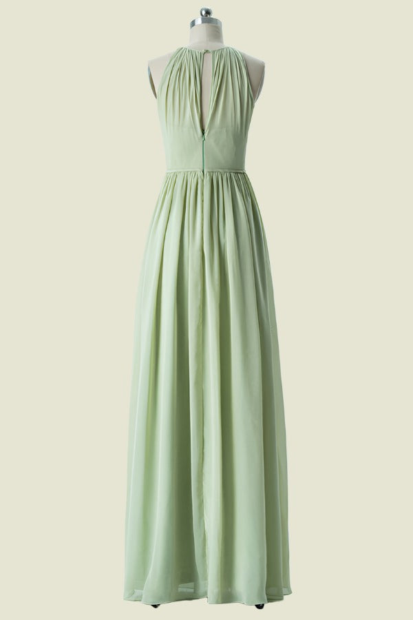 Sage Sleeveless Jewel Neck Sleeveless A-Line Chiffon Floor-Length Bridesmaid Dresses