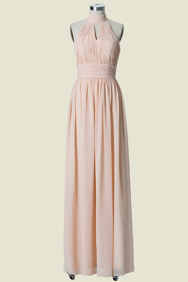 Pearl Pink High Neck Floor-Length A-Line Chiffon Bridesmaid Dresses with Ruffles