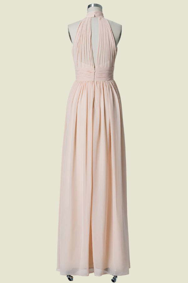 Pearl Pink High Neck Floor-Length A-Line Chiffon Bridesmaid Dresses with Ruffles