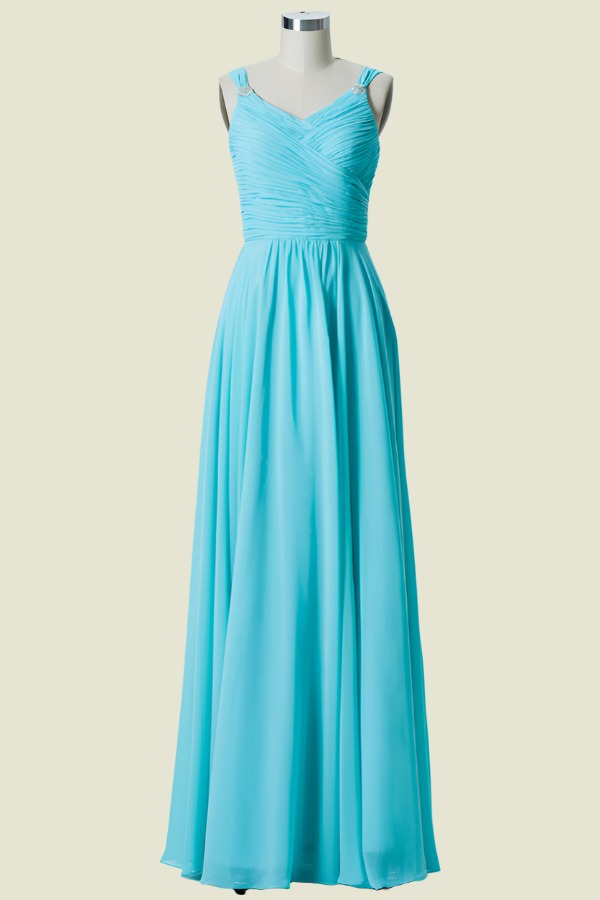 Pool A-Line V-Neck Chiffon Floor-Length Bridesmaid Dresses