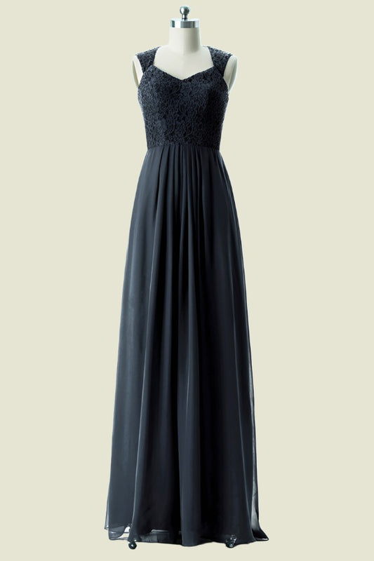 Black V Neck A-Line Pleated Chiffon Long Bridesmaid Dress with Straps Front Side