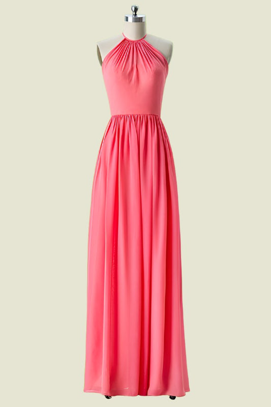 Coral Halter A-Line Pleated Chiffon Long Bridesmaid Dress Front Side