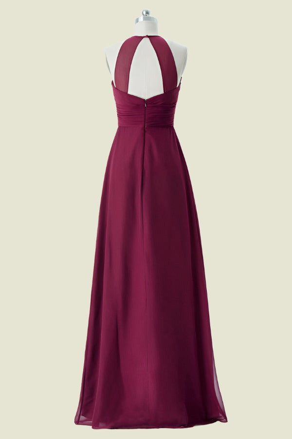 Burgundy Sleeveless Crew Neck Floor-Length A-Line Chiffon Long Bridesmaid Dresses with Ruffles