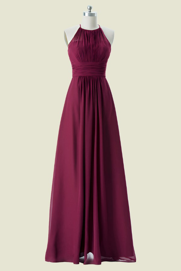 Burgundy Sleeveless Crew Neck Floor-Length A-Line Chiffon Long Bridesmaid Dresses with Ruffles