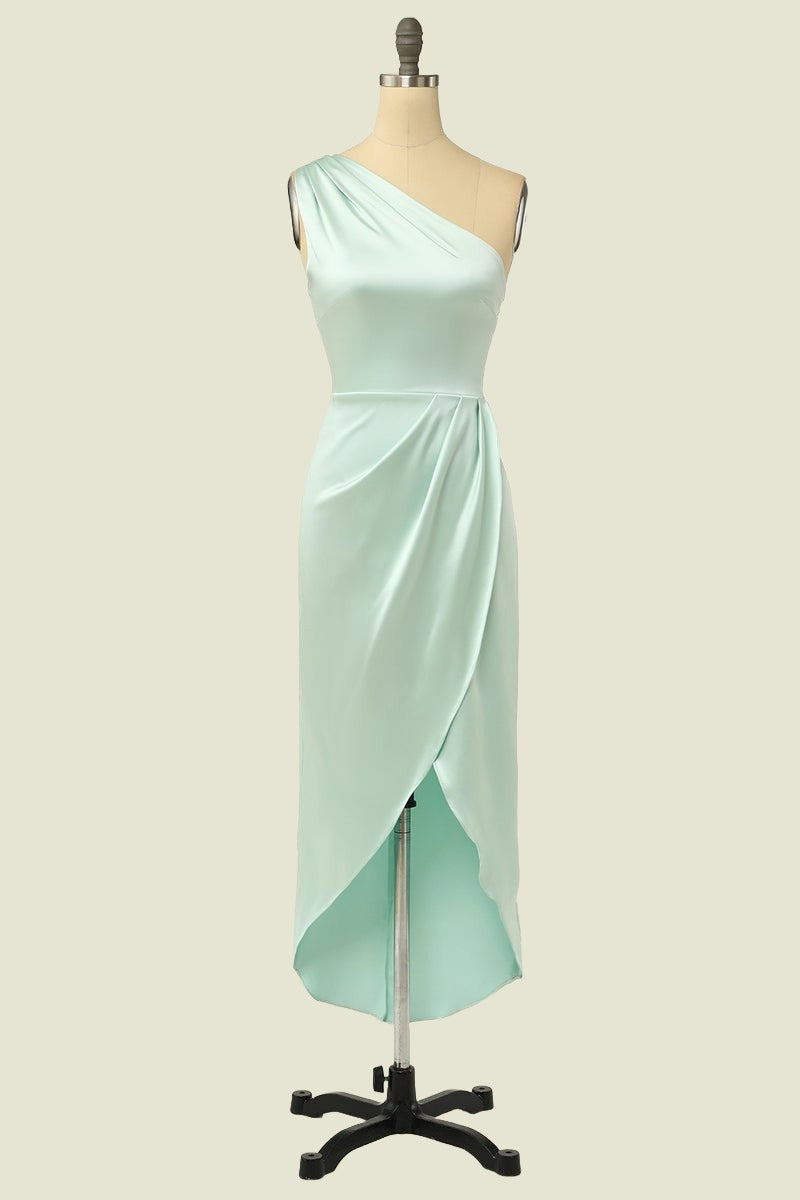 Mint Green One-Shoulder Column Satin Sleeveless Bridesmaid Dresses with Slit