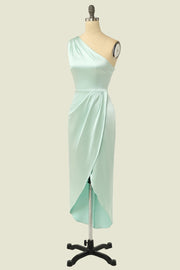 Mint Green One-Shoulder Column Satin Sleeveless Bridesmaid Dresses with Slit