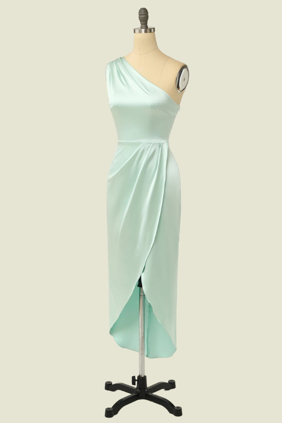 Mint Green One-Shoulder Column Satin Sleeveless Bridesmaid Dresses with Slit