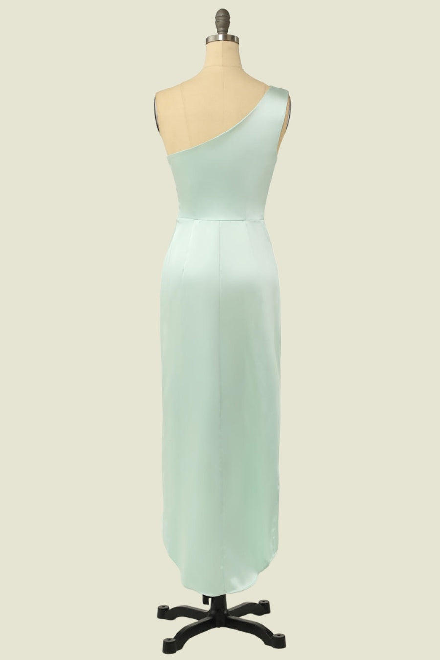 Mint Green One-Shoulder Column Satin Sleeveless Bridesmaid Dresses with Slit